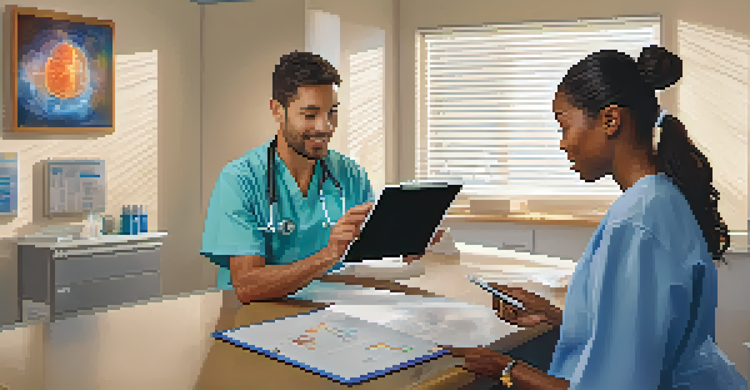 A healthcare provider discussing health goals with a patient in a bright examination room filled with medical equipment.