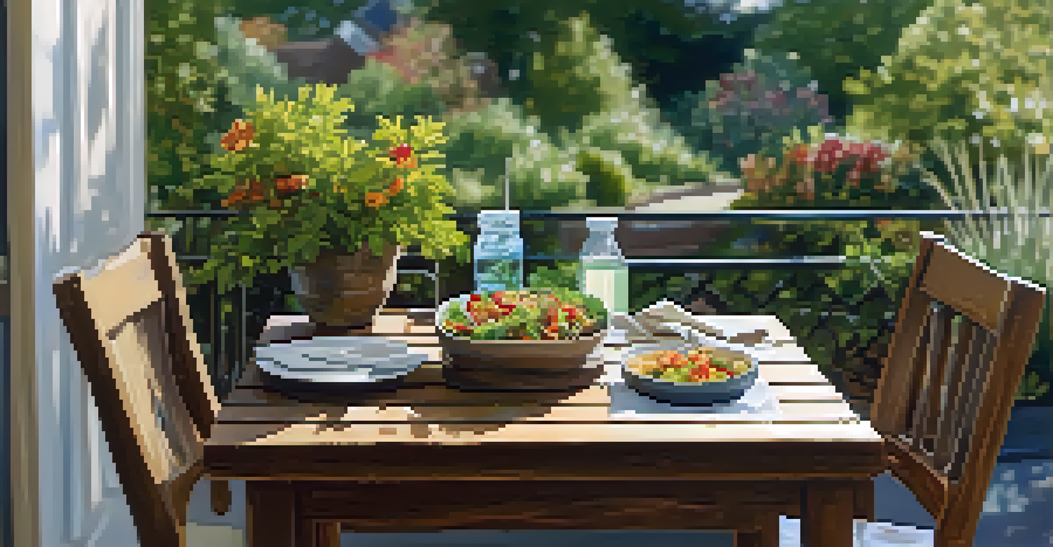 An outdoor patio table set with a healthy meal, including a salad and infused water, surrounded by greenery and soft natural light.