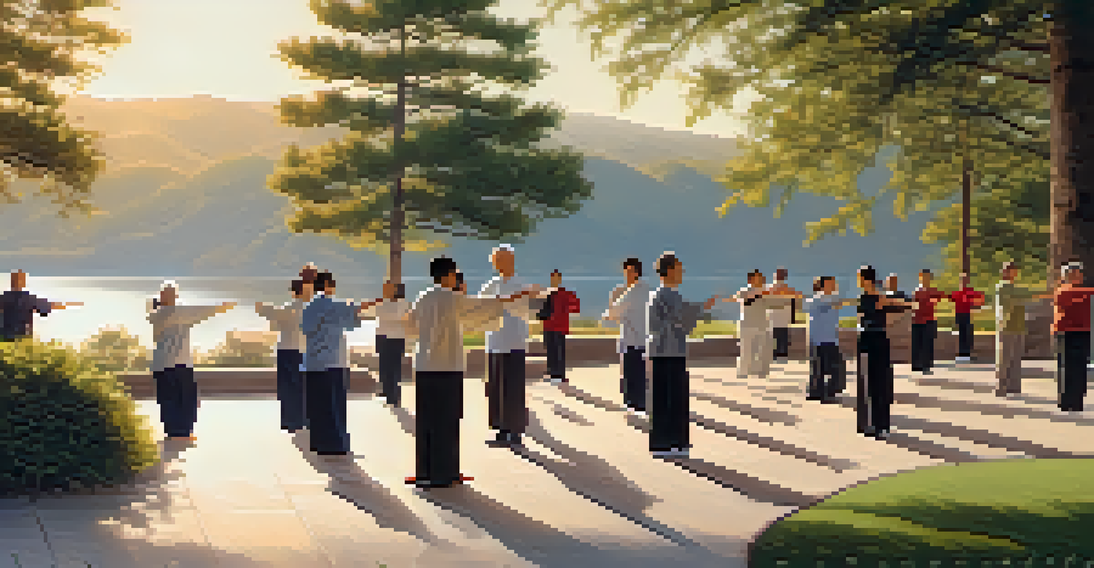 A diverse group of people practicing tai chi outdoors by a tranquil lake, with soft morning light and distant hills in the background.