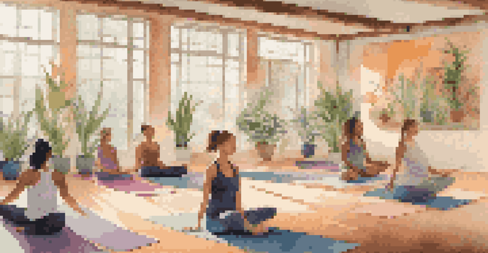 A diverse group of individuals practicing yoga in a bright and peaceful studio, surrounded by plants and calming artwork.