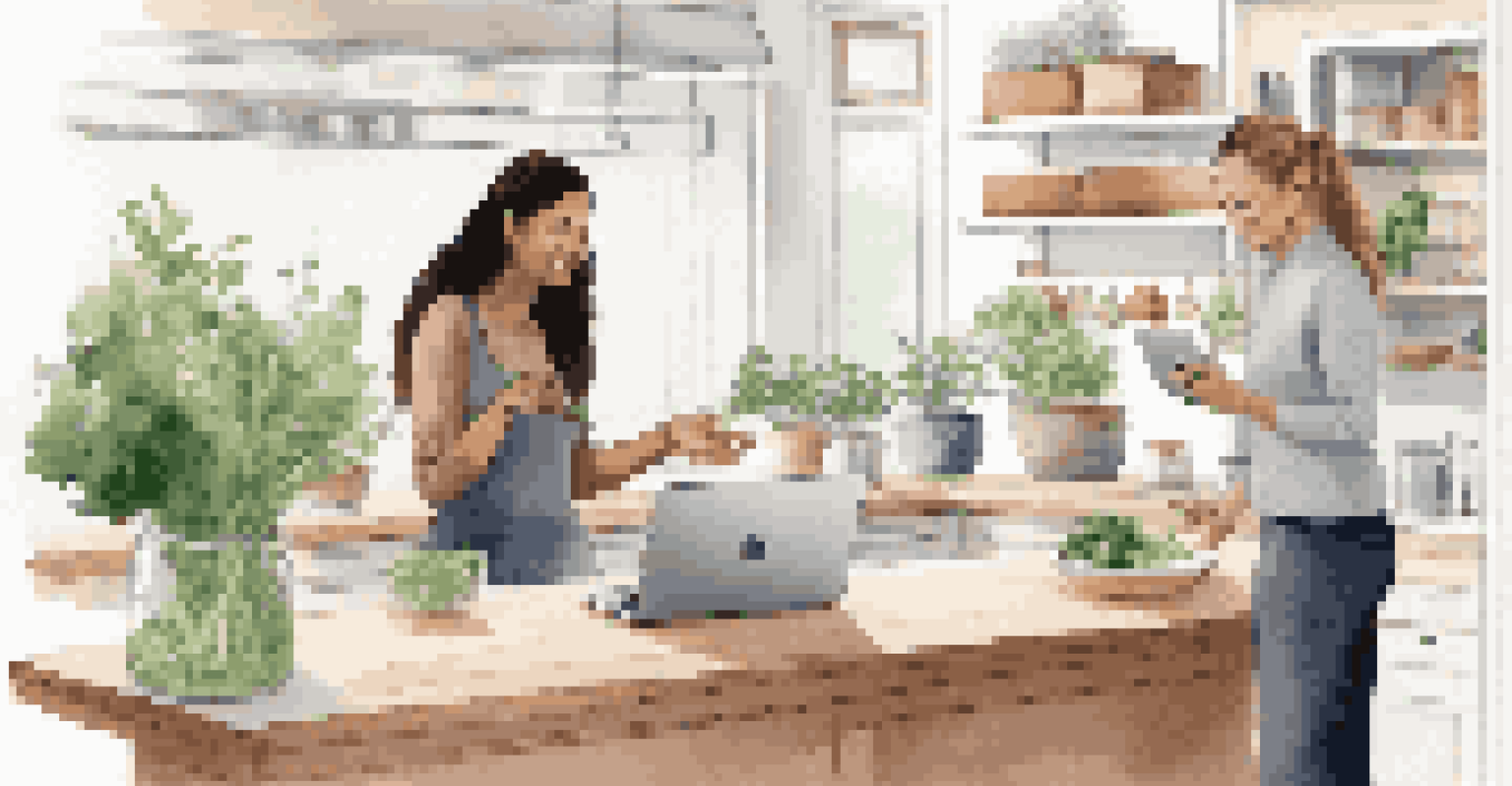 A health coach and client in a bright kitchen discussing a personalized nutrition plan with a laptop open showing a nutrition app.