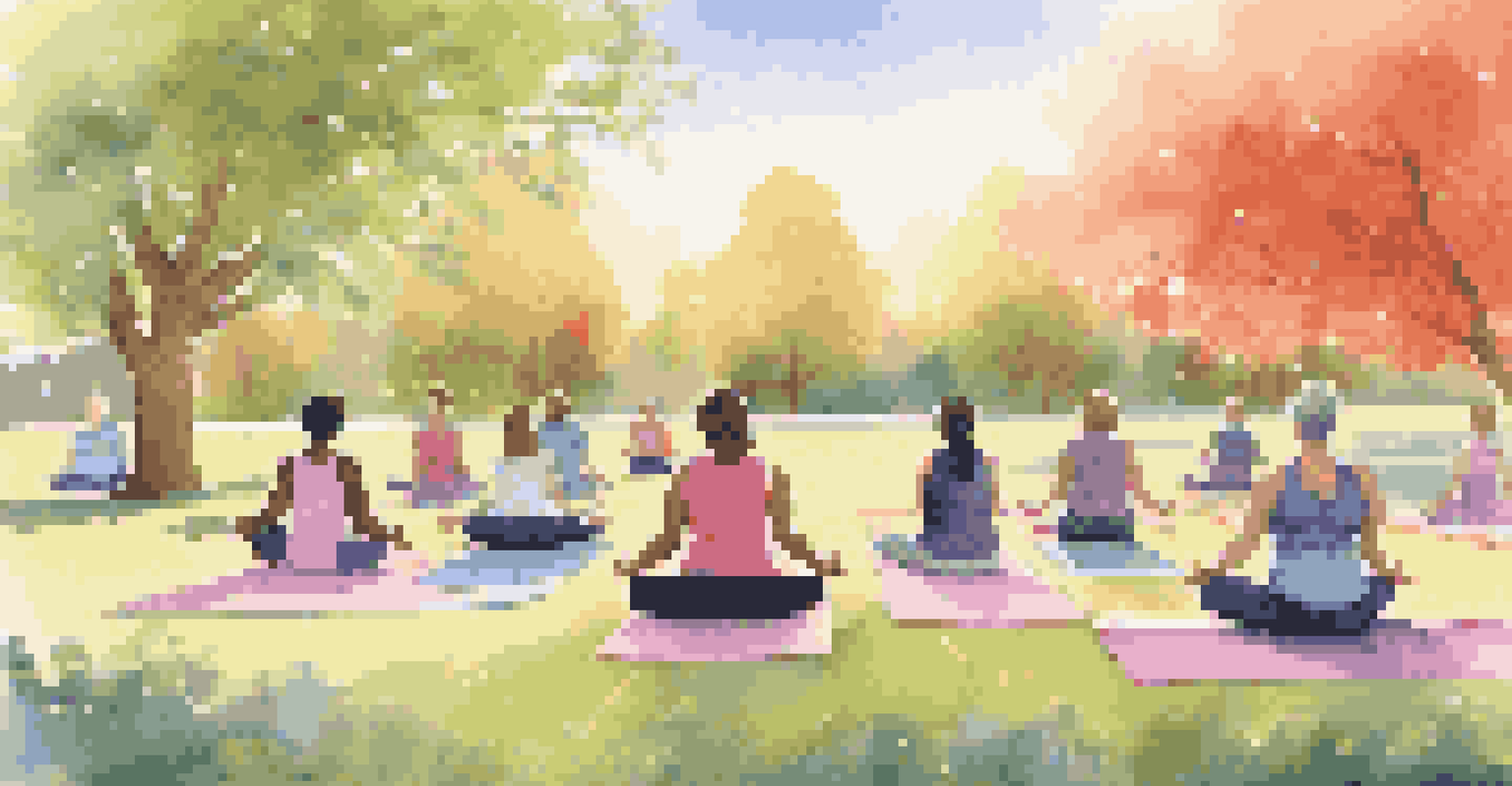 A wellness coach conducting a yoga session in a park at sunrise with diverse participants.