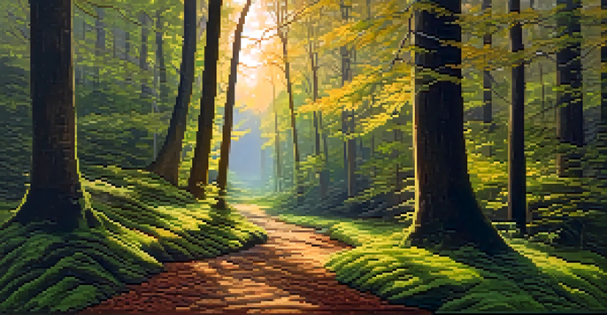 A peaceful forest with sunlight streaming through trees, illuminating a path covered in moss and leaves.