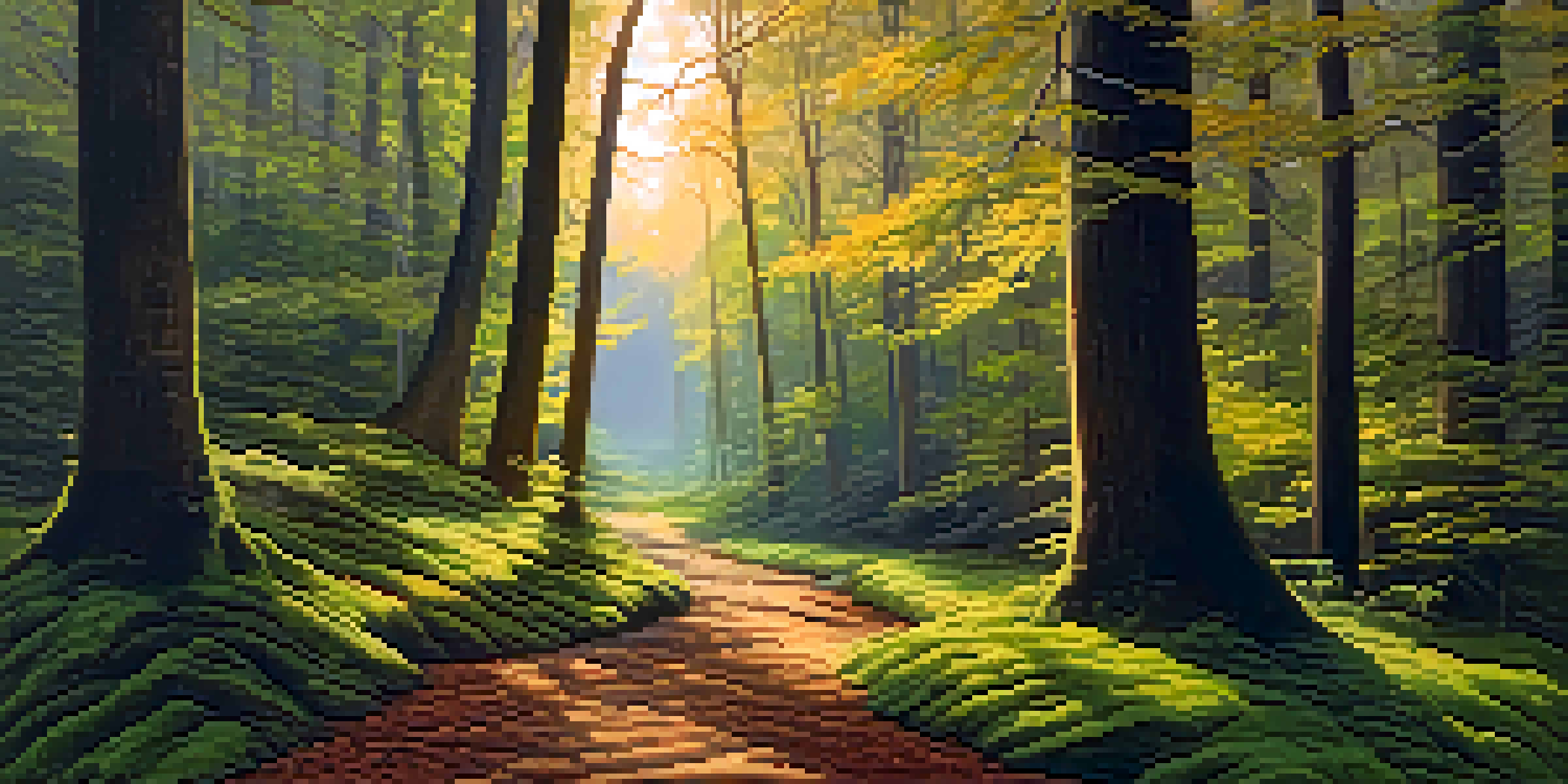 A peaceful forest with sunlight streaming through trees, illuminating a path covered in moss and leaves.