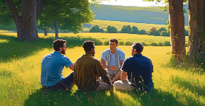 A group of men sitting in a circle on grass, having a supportive conversation under warm golden hour light.