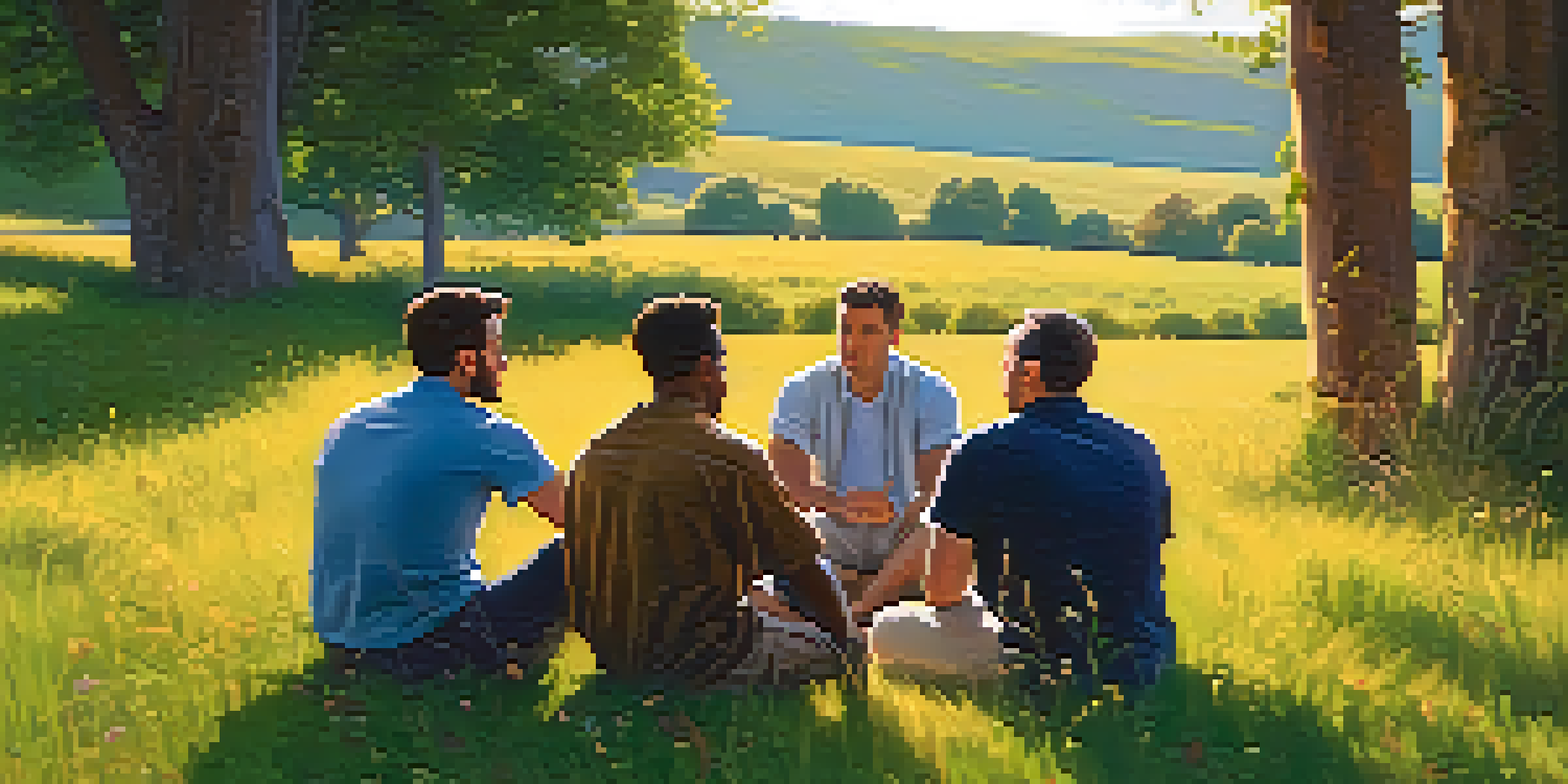 A group of men sitting in a circle on grass, having a supportive conversation under warm golden hour light.