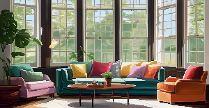 A cozy living room with soft lighting, a plush sofa with cushions, a coffee table with tea, and a large window letting in sunlight.