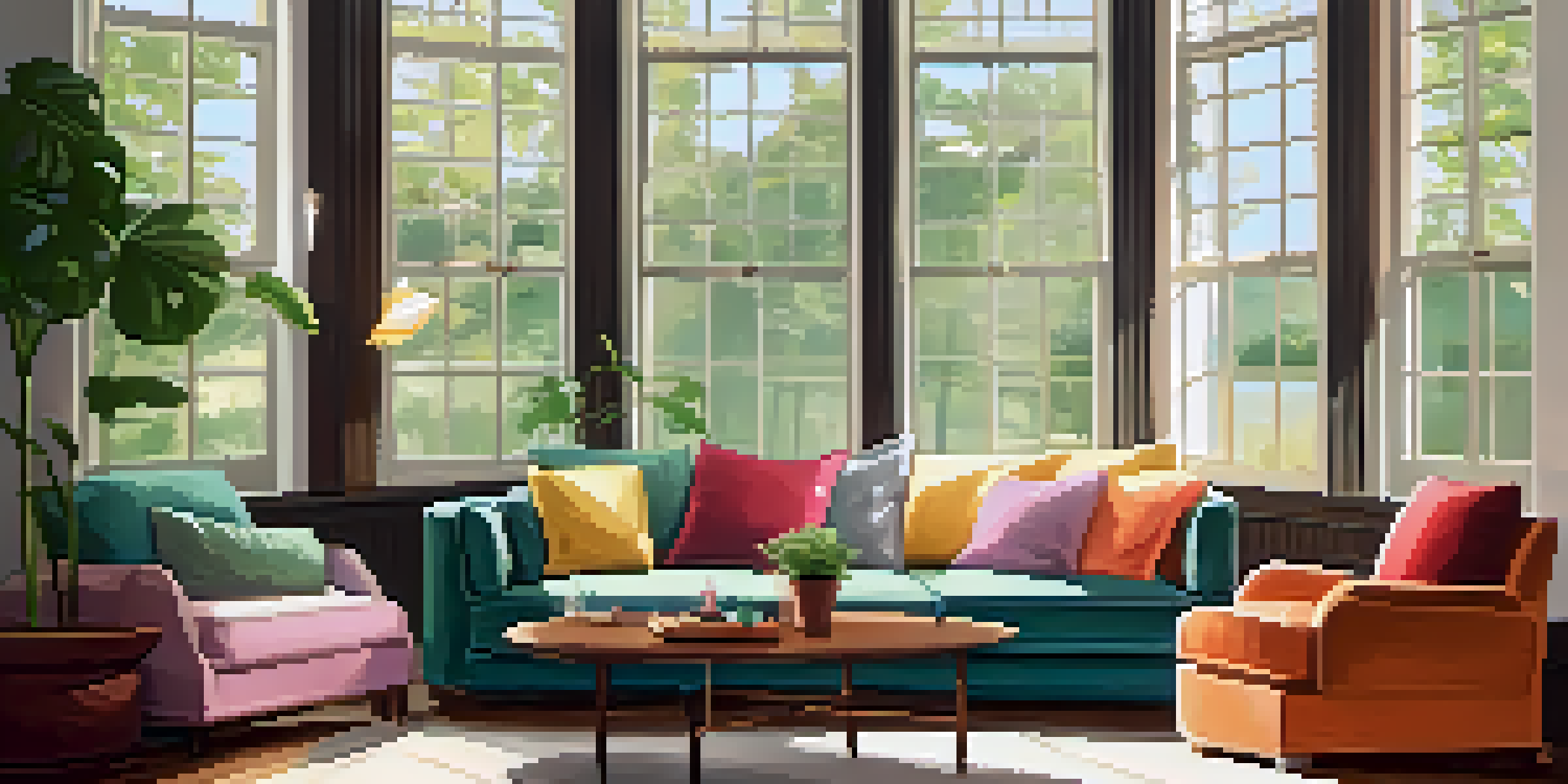 A cozy living room with soft lighting, a plush sofa with cushions, a coffee table with tea, and a large window letting in sunlight.