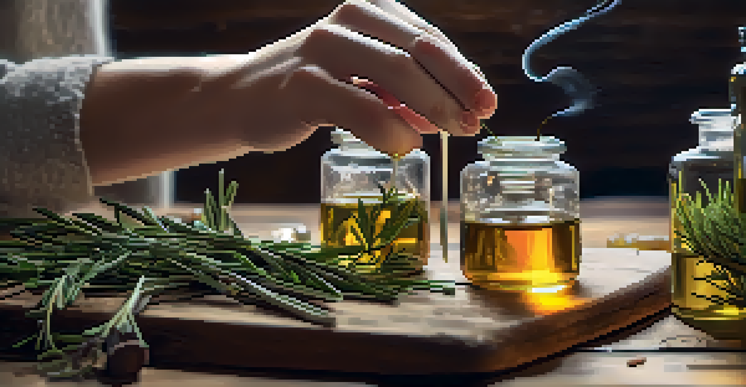 Close-up of hands blending essential oils with colorful bottles and fresh herbs on a wooden table.