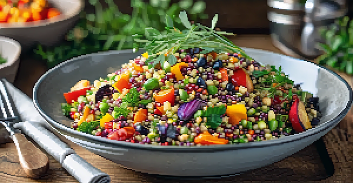 A colorful quinoa salad with roasted vegetables and seeds in a rustic setting, illuminated by natural light.
