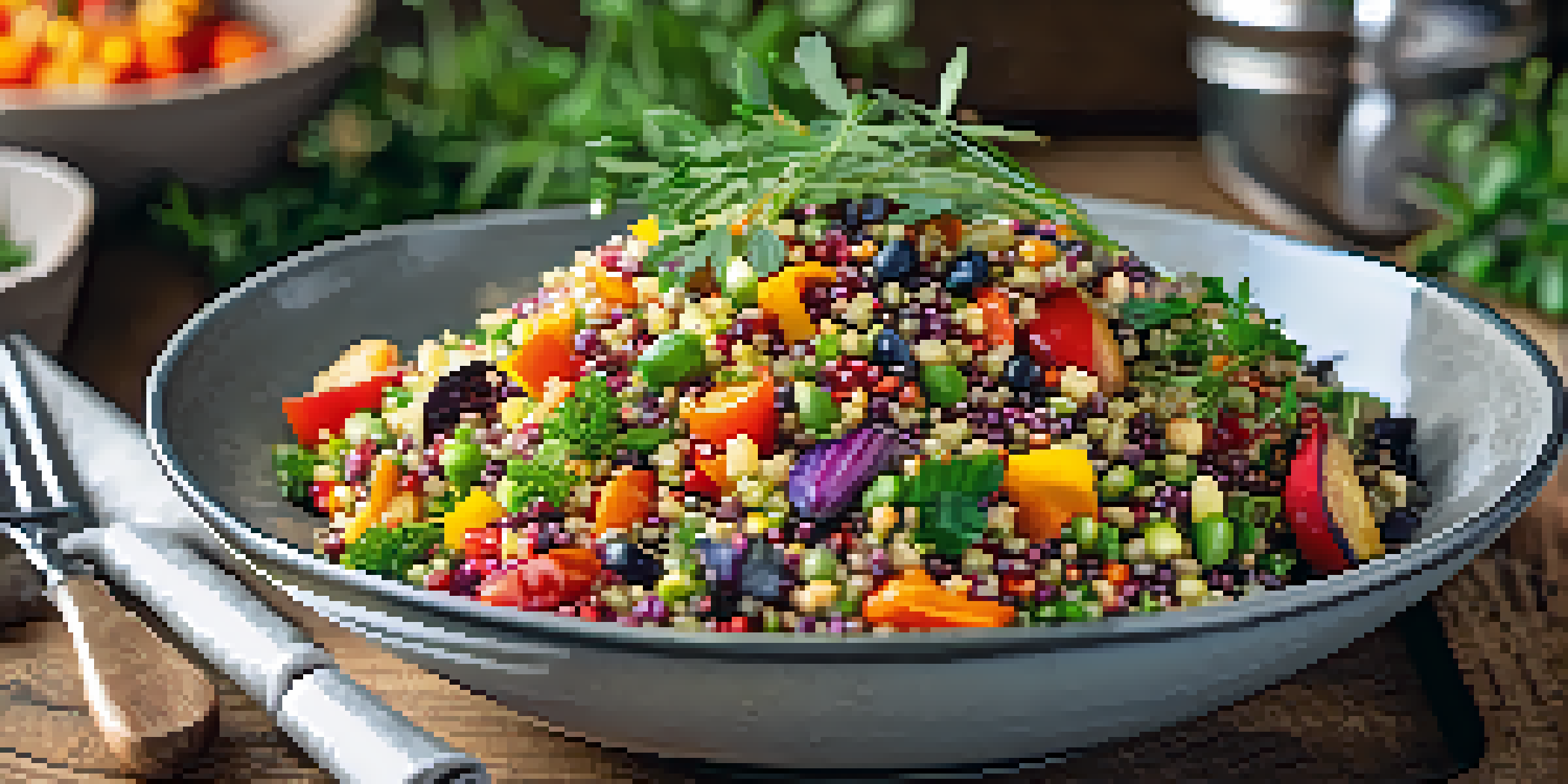 A colorful quinoa salad with roasted vegetables and seeds in a rustic setting, illuminated by natural light.
