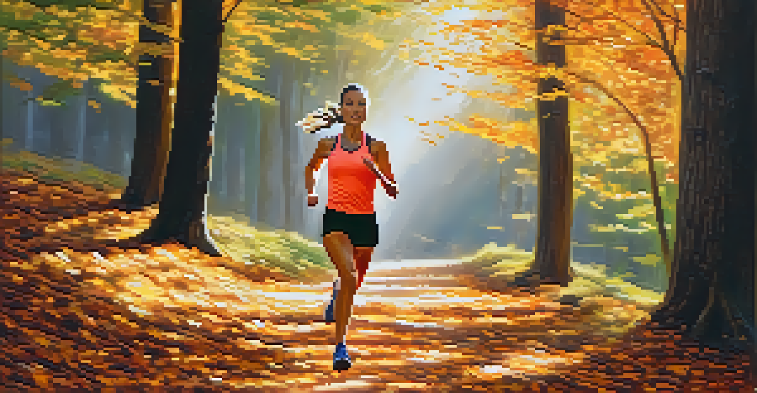 A woman running on a trail with autumn leaves, displaying a determined expression and warm sunlight filtering through trees.