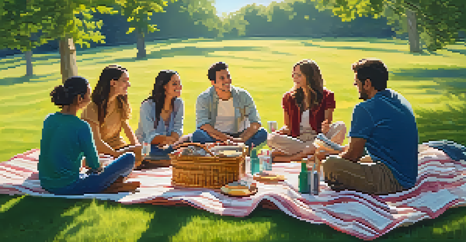 Friends sitting in a circle on a grassy field, sharing gratitude with a picnic setting.