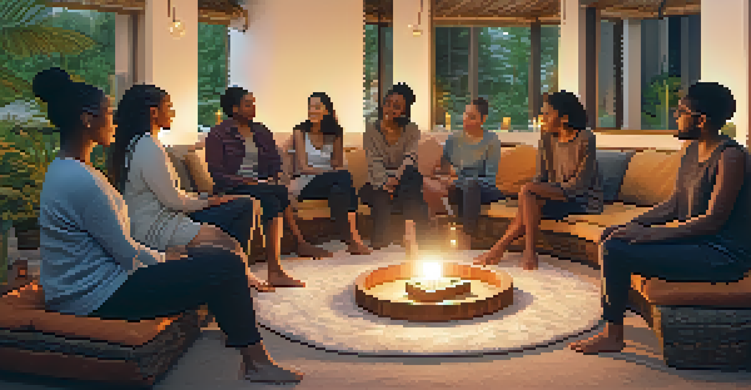 A group of diverse individuals in a circle sharing experiences at a holistic retreat, surrounded by candles and warm lighting.