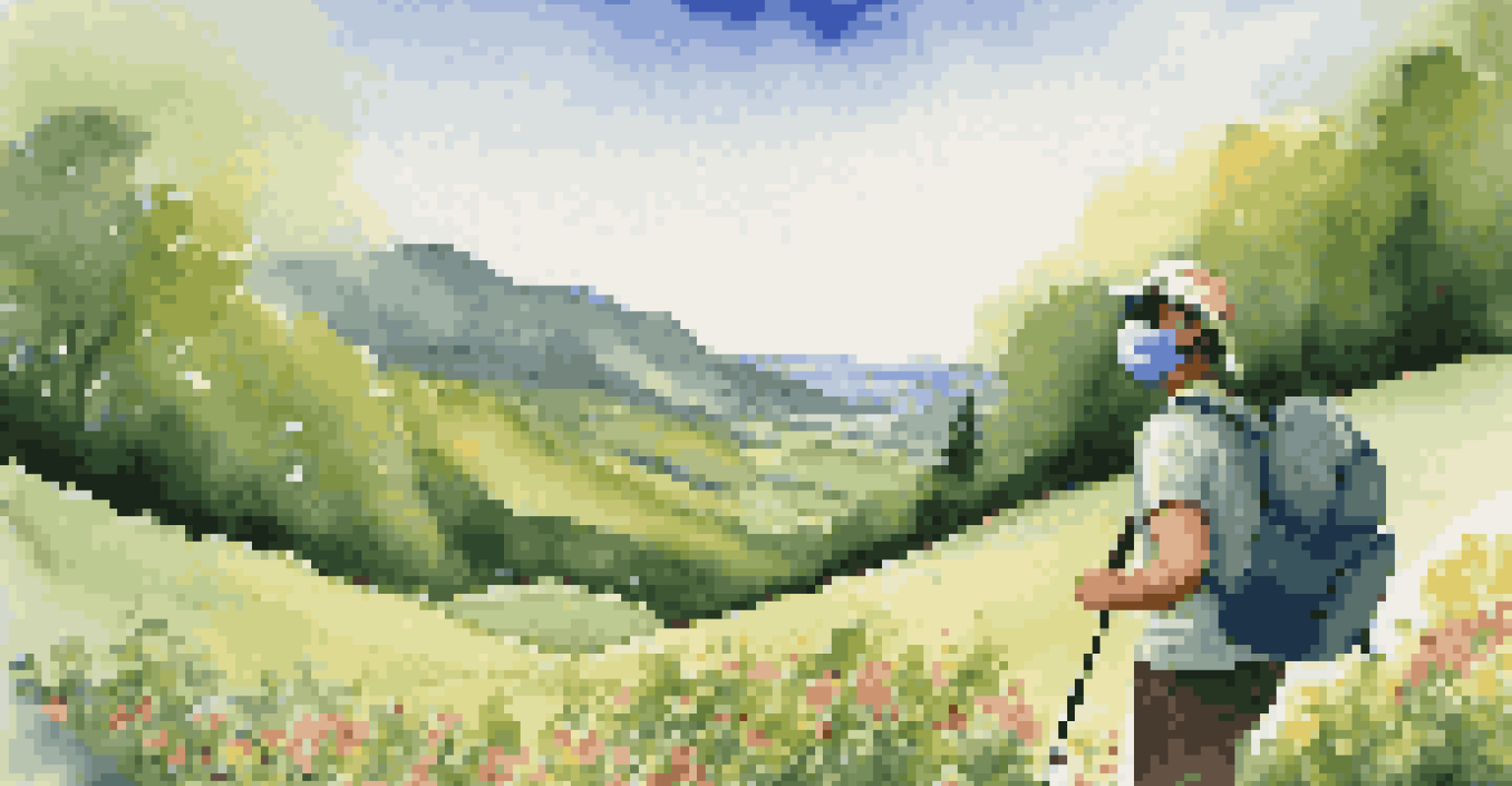 A traveler hiking in a green landscape, wearing sunglasses and a mask amidst blooming flowers, enjoying the scenery while staying cautious of allergens.