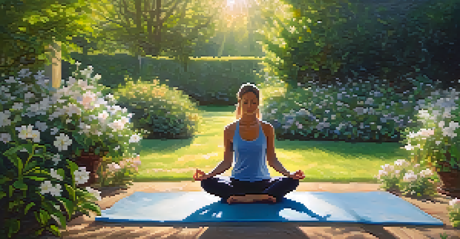 A person meditating on a yoga mat in a lush garden filled with flowers and greenery, under soft sunlight.