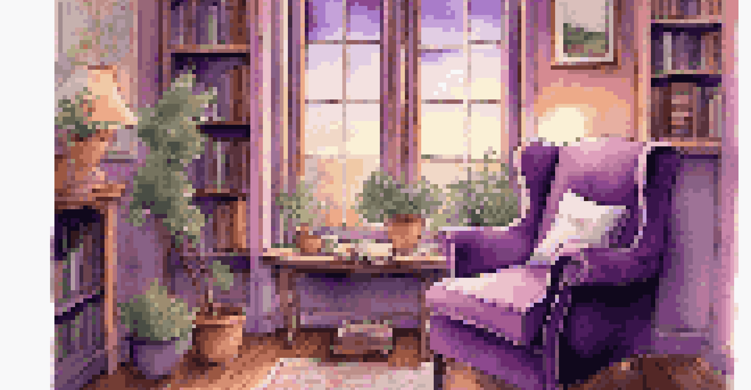 A cozy reading nook with an armchair, herbal tea, and a warm lamp, overlooking a serene evening sky.