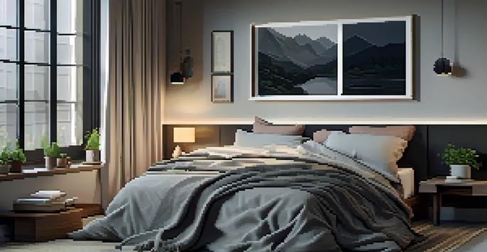 A tranquil bedroom with a cozy bed, dark curtains, soft lighting, and a bedside table with a plant and a book, promoting a restful sleep environment.