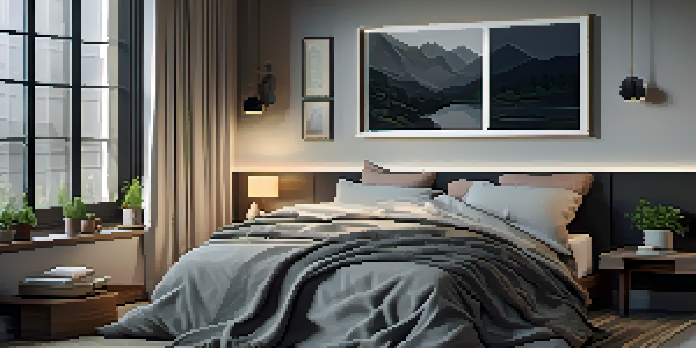 A tranquil bedroom with a cozy bed, dark curtains, soft lighting, and a bedside table with a plant and a book, promoting a restful sleep environment.