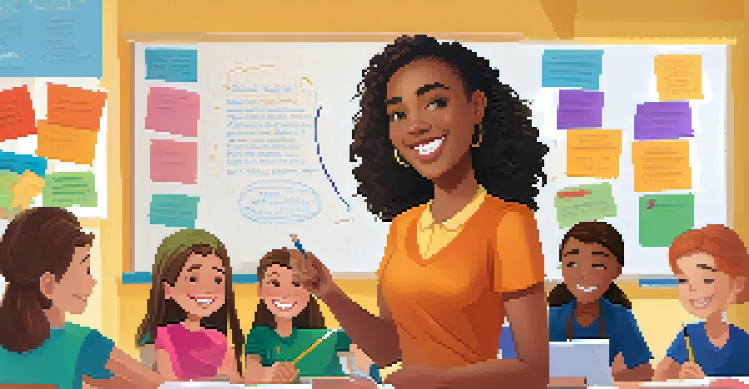 A teacher guiding students in gratitude journaling in a colorful classroom filled with positivity-themed decorations.