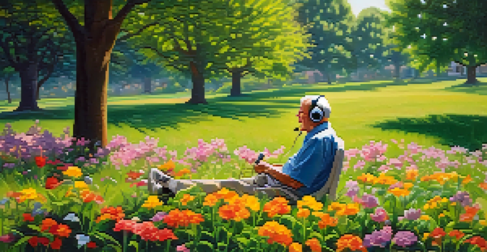 An elderly man enjoying music in a sunny park, surrounded by flowers, with a joyful expression on his face.