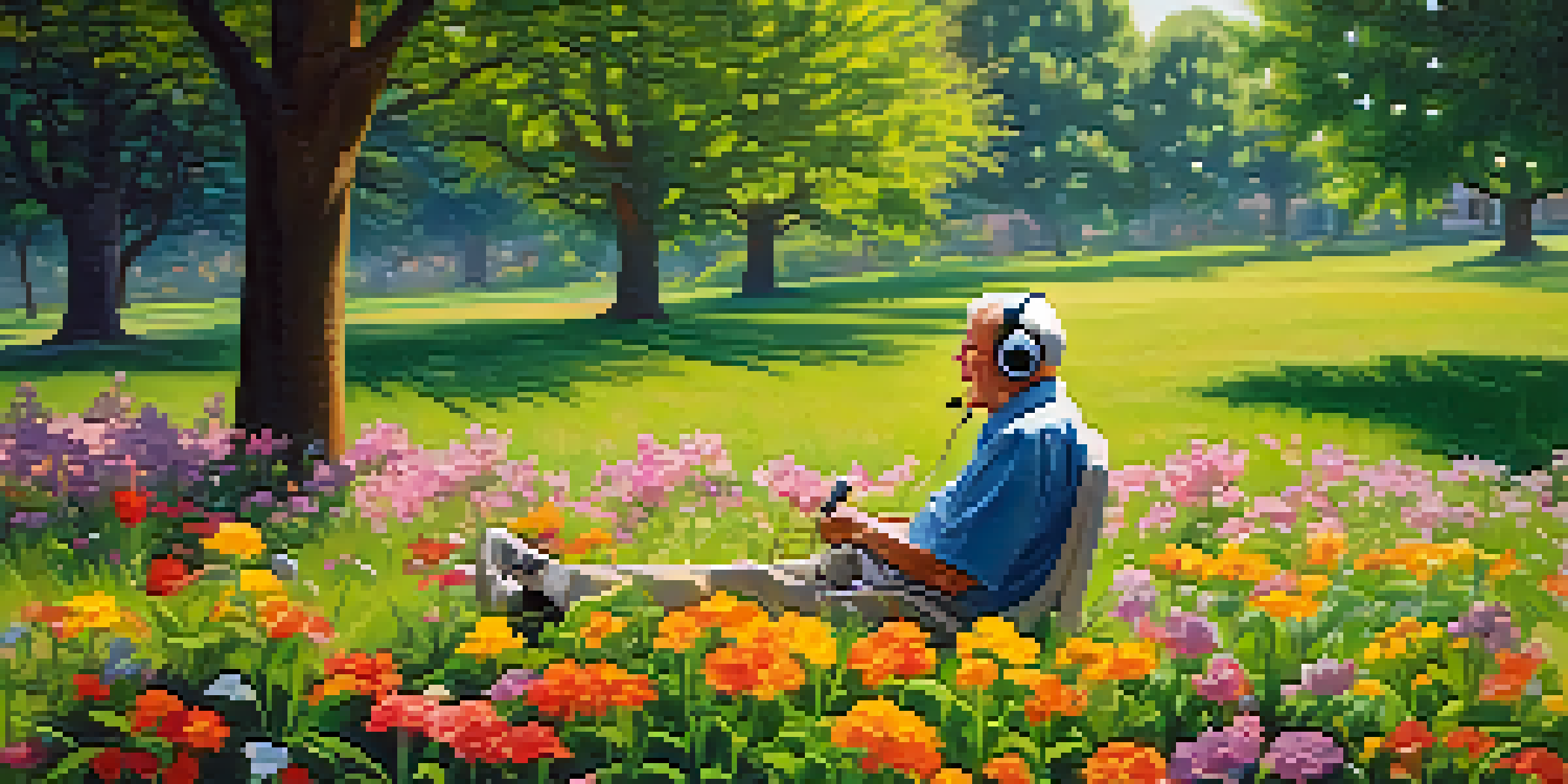 An elderly man enjoying music in a sunny park, surrounded by flowers, with a joyful expression on his face.