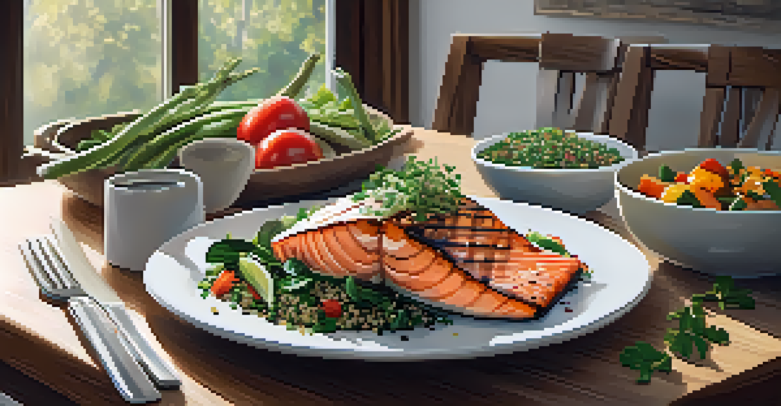 A beautifully arranged dining table with a nutritious meal, showcasing a balance of colors and textures.