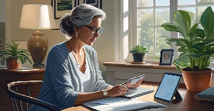 A middle-aged woman in a bright, cozy home office using a tablet to monitor her health, surrounded by plants and soft lighting.