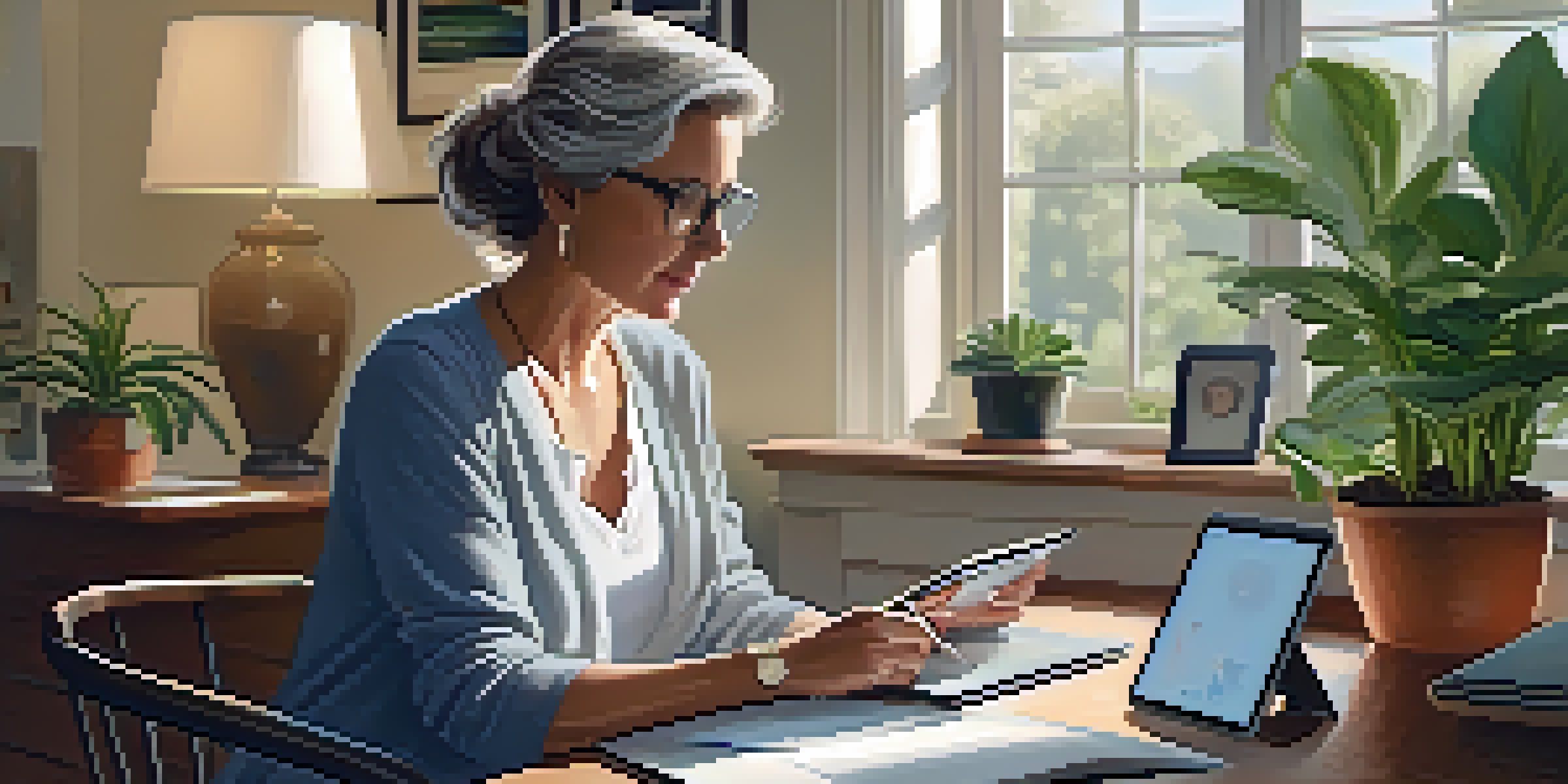 A middle-aged woman in a bright, cozy home office using a tablet to monitor her health, surrounded by plants and soft lighting.