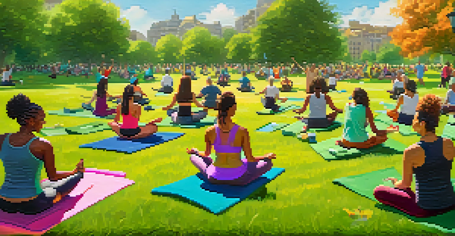 A group of people participating in a wellness workshop in a park, guided by a coach, with yoga mats and greenery around them.