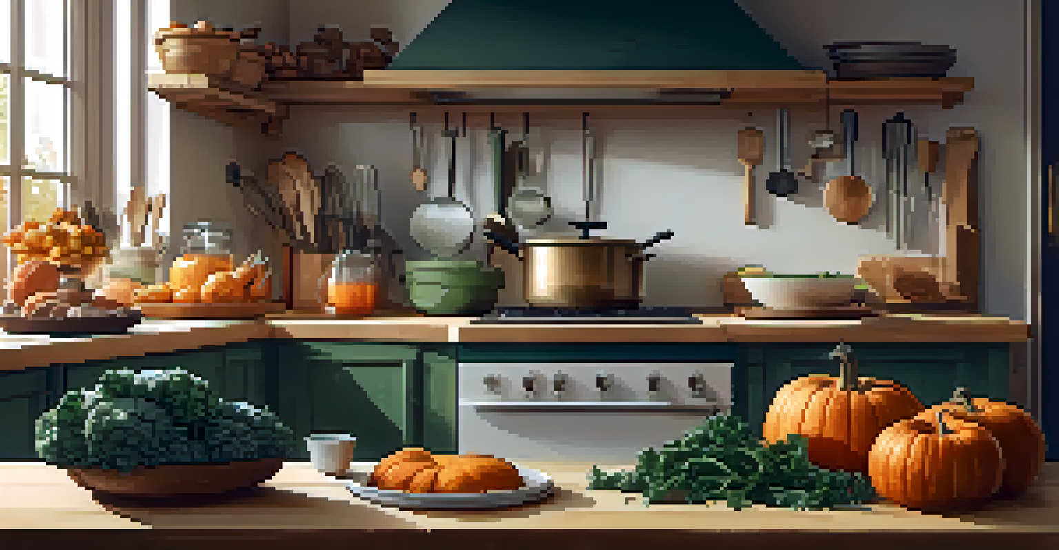 A warm kitchen with a wooden table displaying seasonal ingredients and a handwritten meal plan.