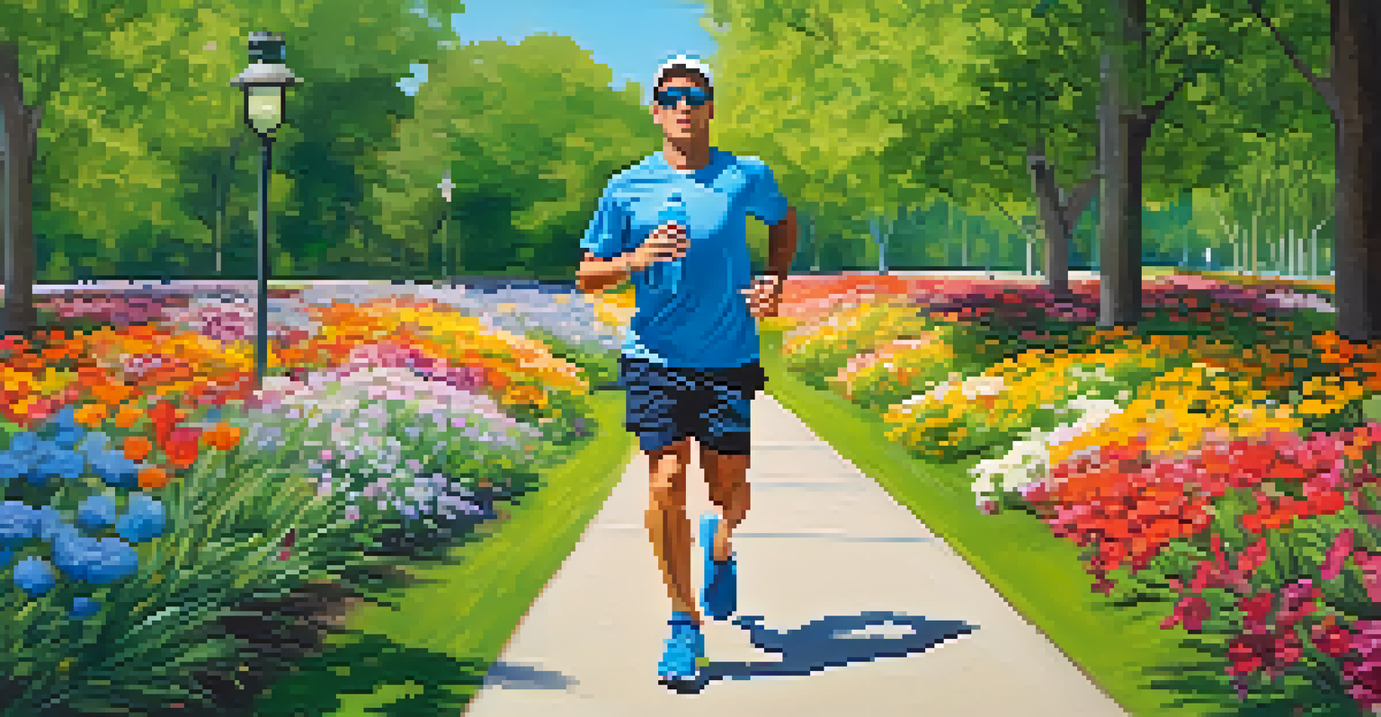 A person jogging in a sunny park, holding a water bottle, surrounded by greenery.