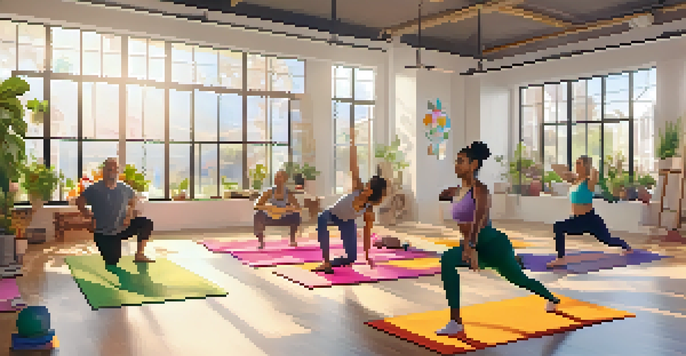 A diverse group of individuals participating in a virtual yoga session in a sunlit room filled with plants.