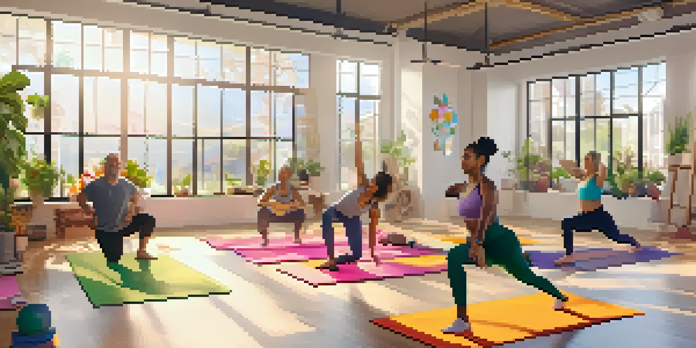 A diverse group of individuals participating in a virtual yoga session in a sunlit room filled with plants.