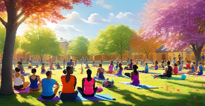 A diverse group of people exercising together in a sunny park, showcasing community engagement in fitness.