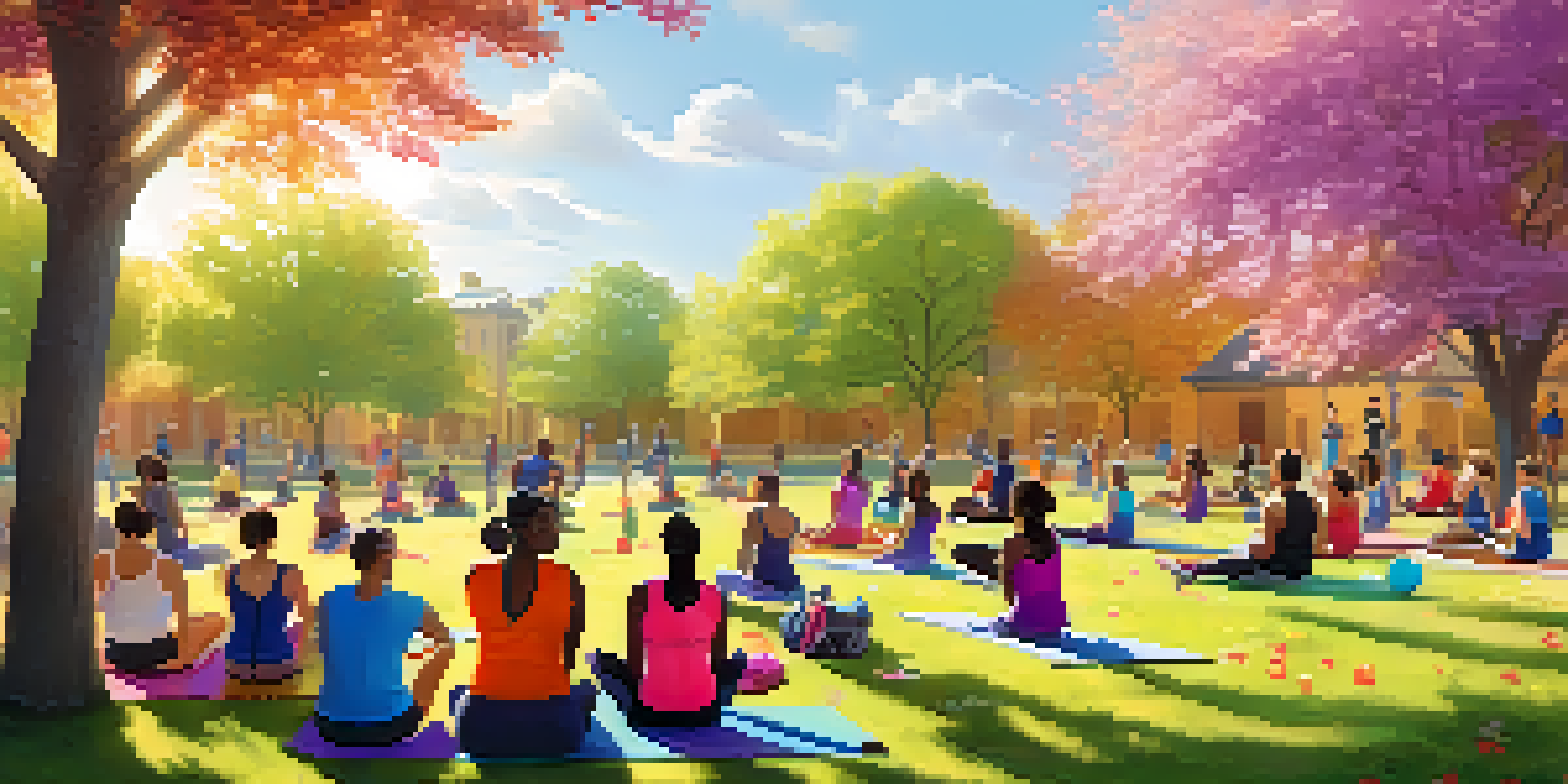 A diverse group of people exercising together in a sunny park, showcasing community engagement in fitness.