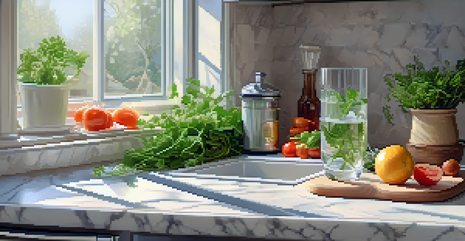 A glass of water surrounded by fresh herbs and diced vegetables, with sunlight filtering through a kitchen window.