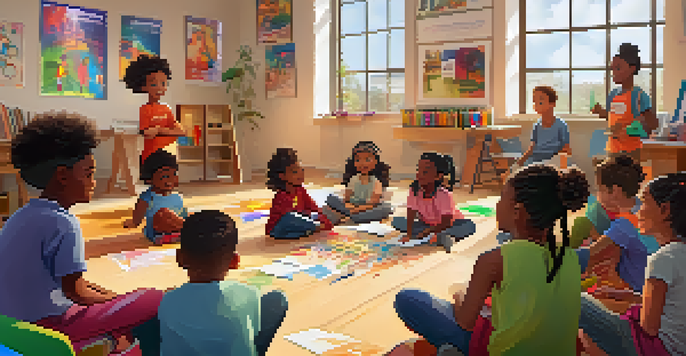 A lively workshop with children sitting in a circle, sharing stories and engaging in activities, illuminated by warm sunlight.