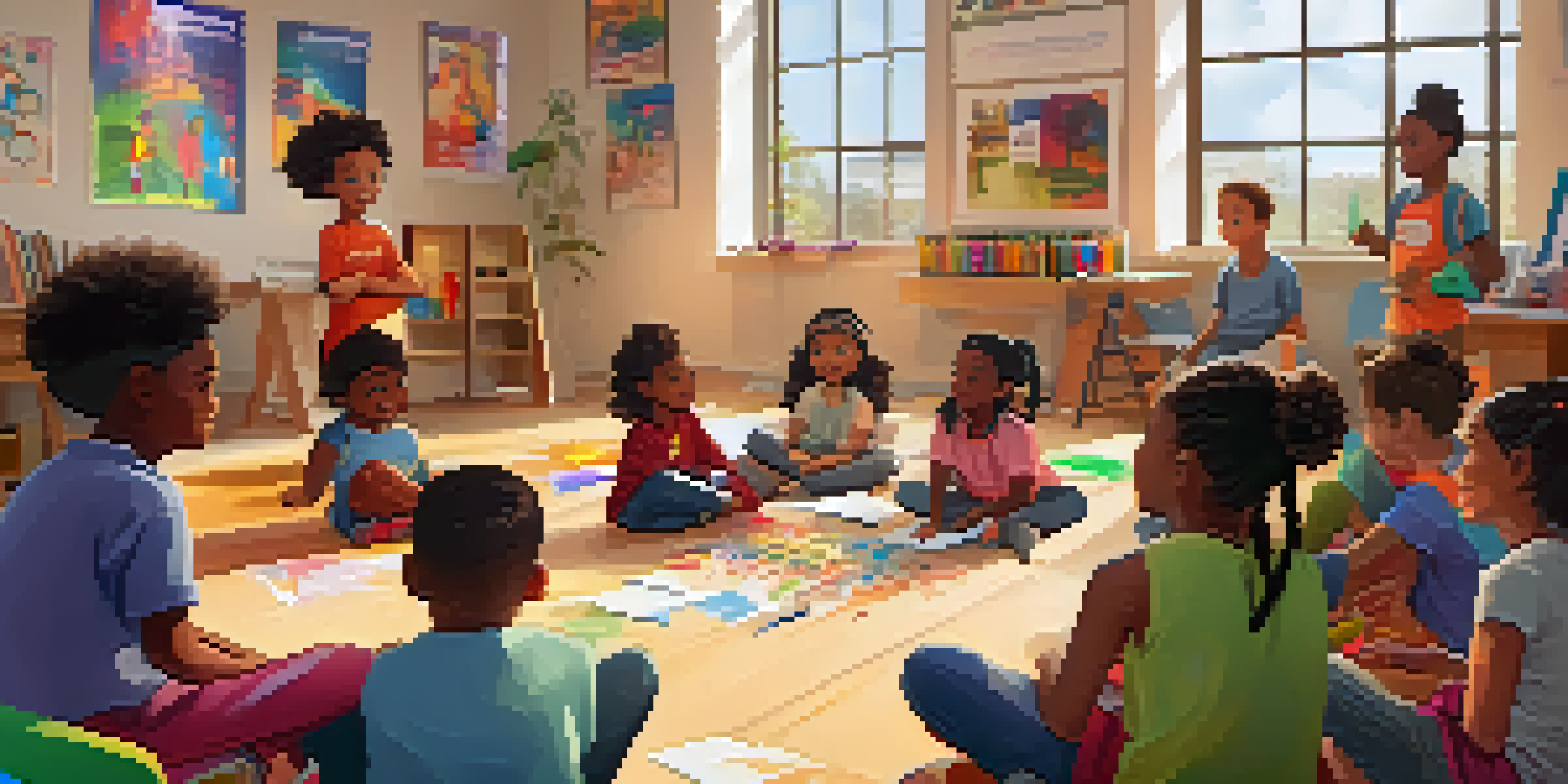 A lively workshop with children sitting in a circle, sharing stories and engaging in activities, illuminated by warm sunlight.