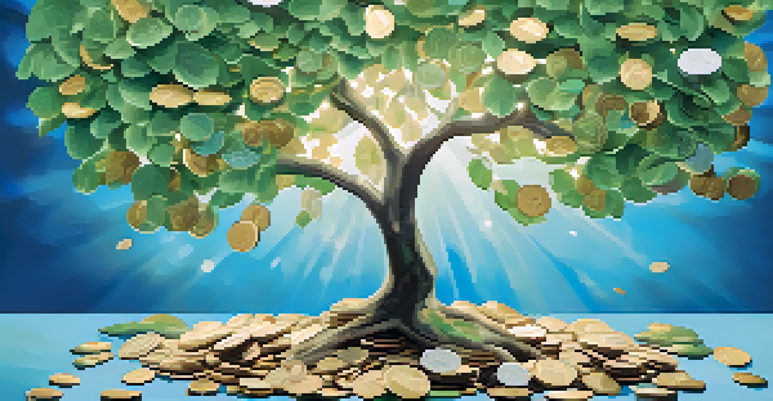 A tree made of coins and bills with leaves shaped like positive affirmations, against a gradient background symbolizing growth.