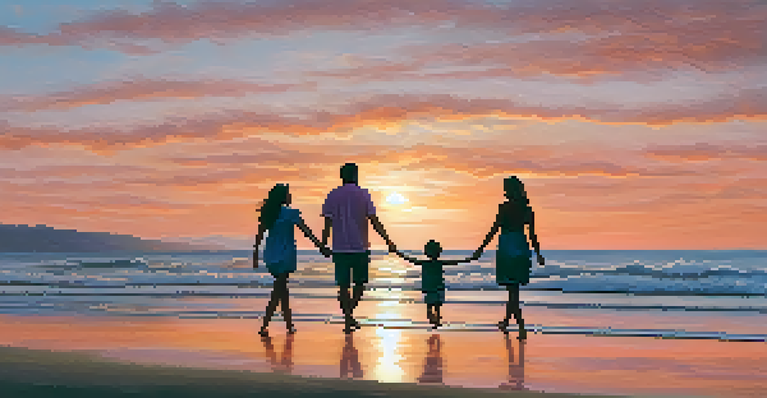 A family walking hand-in-hand along the beach at sunset, with soft waves and a colorful sky in the background.