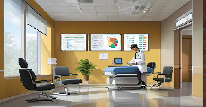 A doctor in a modern office using a digital tablet to access patient records, with a patient sitting across and medical charts on the wall.