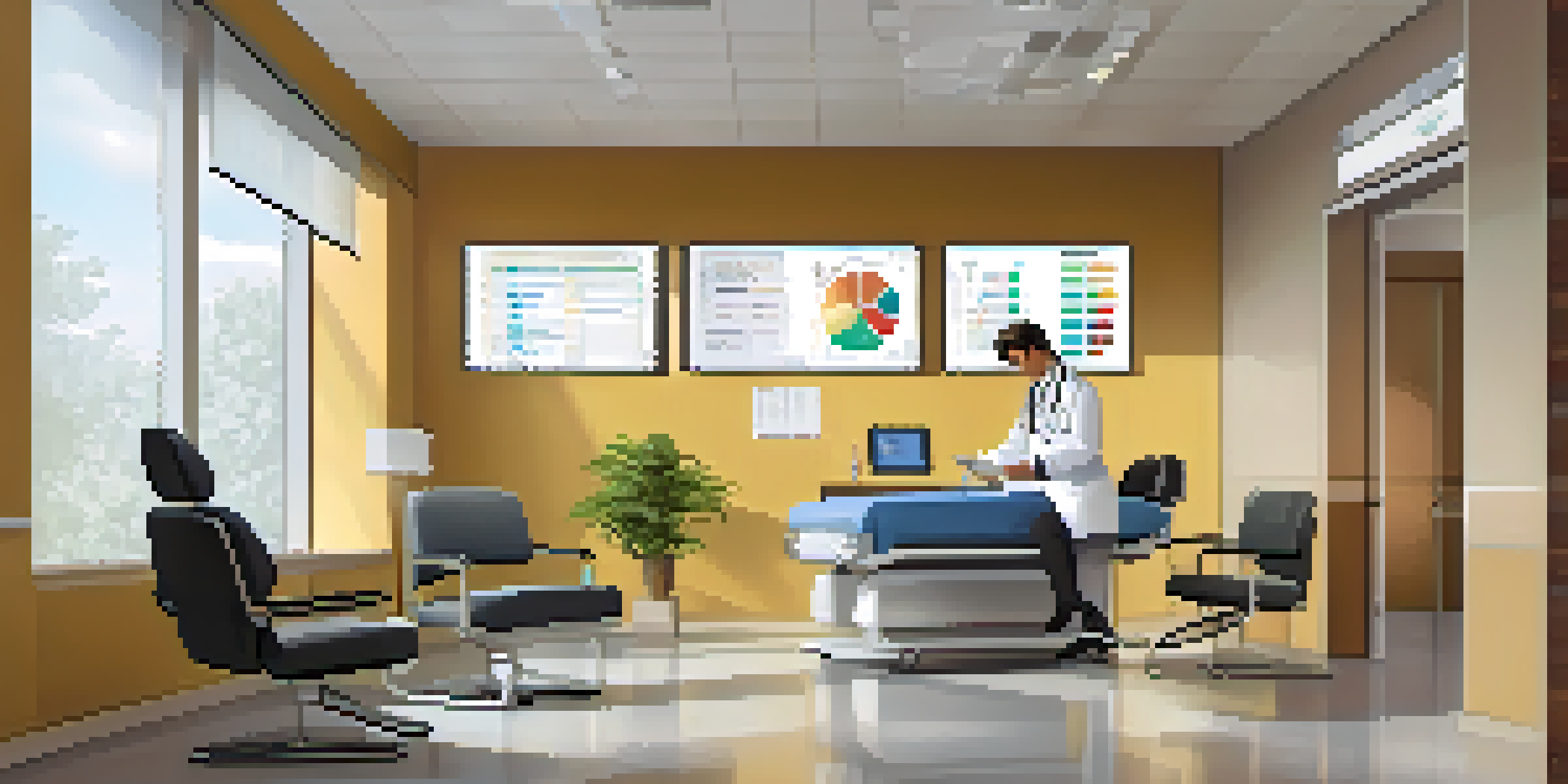 A doctor in a modern office using a digital tablet to access patient records, with a patient sitting across and medical charts on the wall.