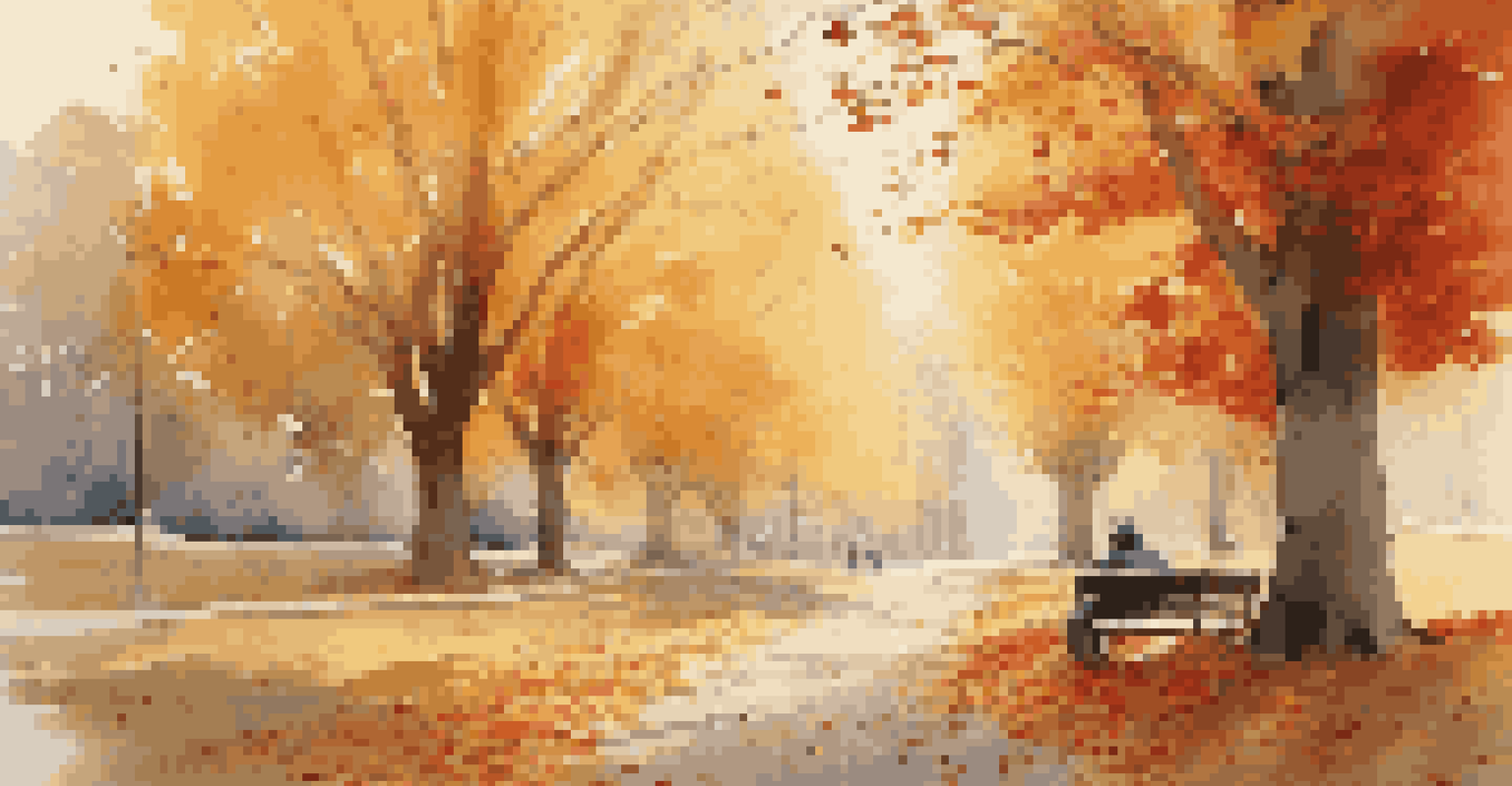 A peaceful autumn scene with colorful leaves, a person reading on a bench surrounded by trees.