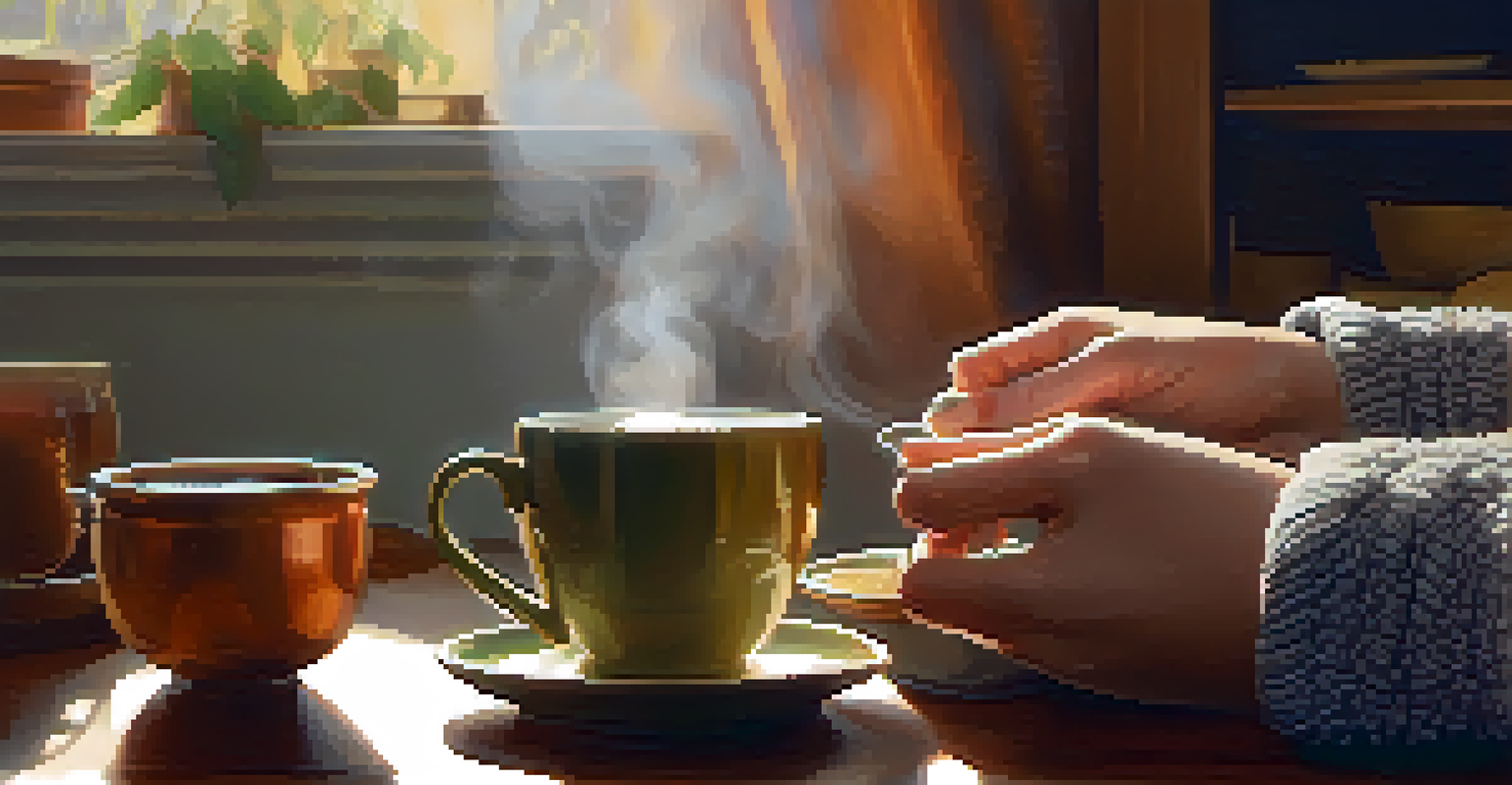 A close-up of hands holding a cup of tea with a cozy background, evoking a sense of comfort and relaxation.