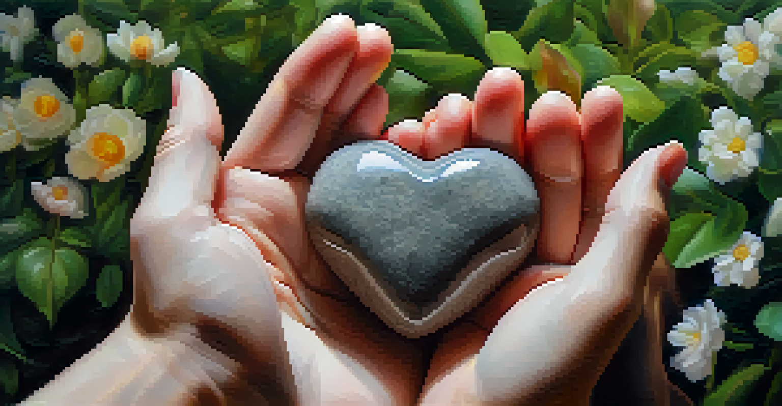 Two hands holding a heart-shaped stone against a softly blurred nature background, symbolizing self-love and compassion.