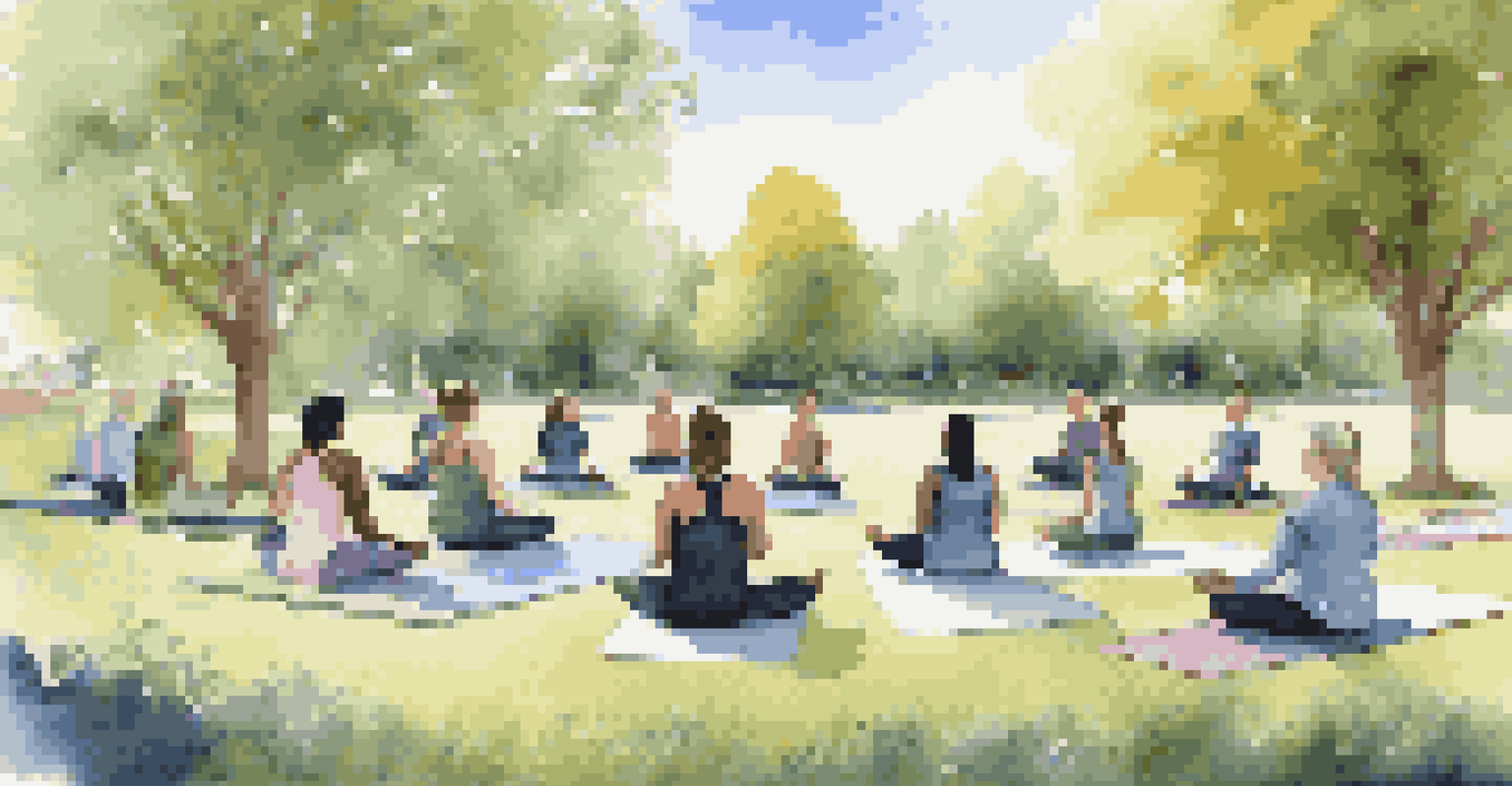 A group of people in a park participating in a mindfulness workshop on yoga mats, surrounded by trees and flowers under a blue sky.