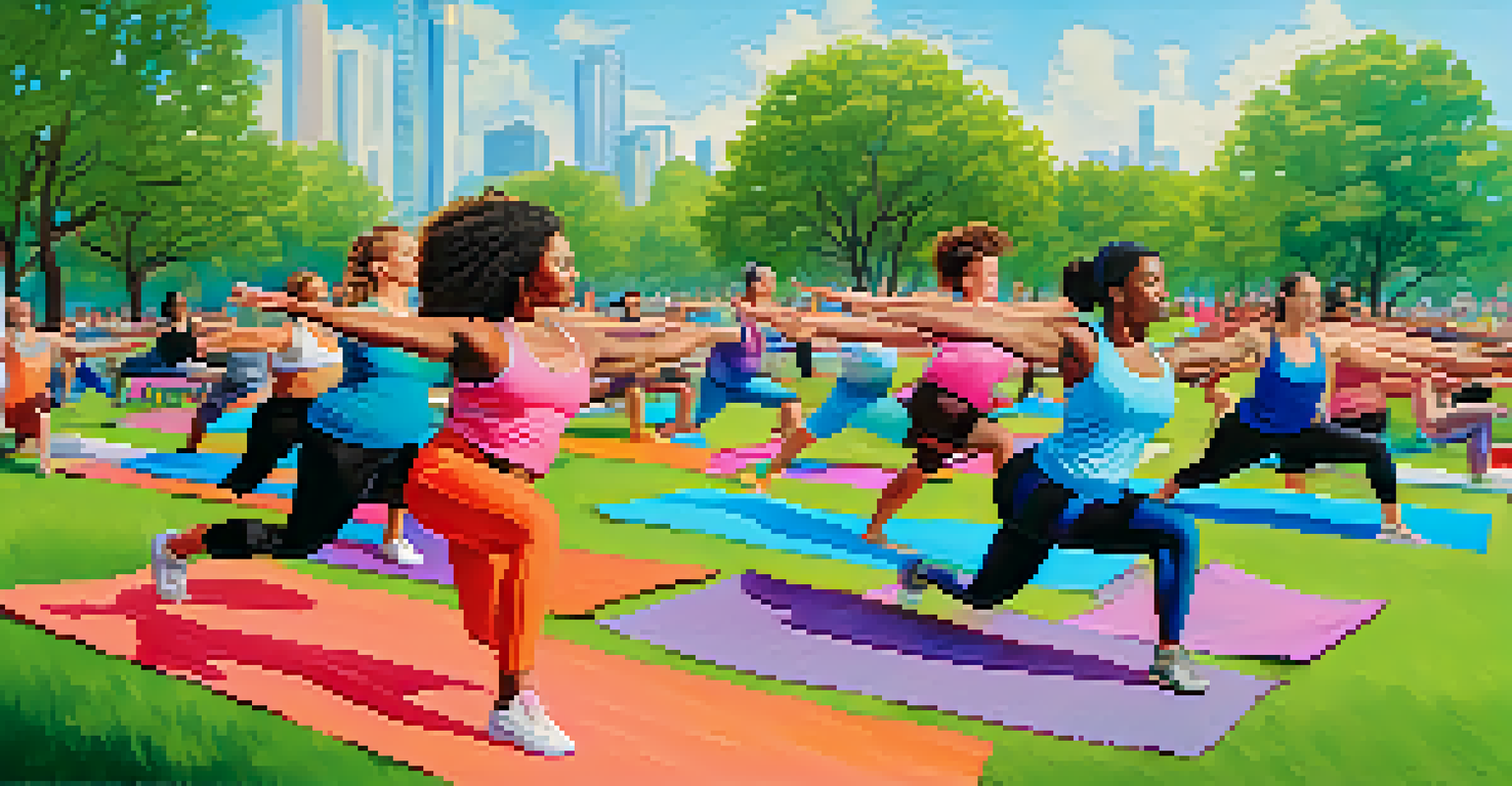 A group of people exercising outdoors in a sunny park, performing yoga and aerobics in colorful athletic wear.