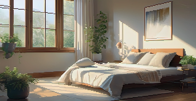 A person practicing mindful breathing in a sunlit bedroom, with a journal and tea on the bedside table.