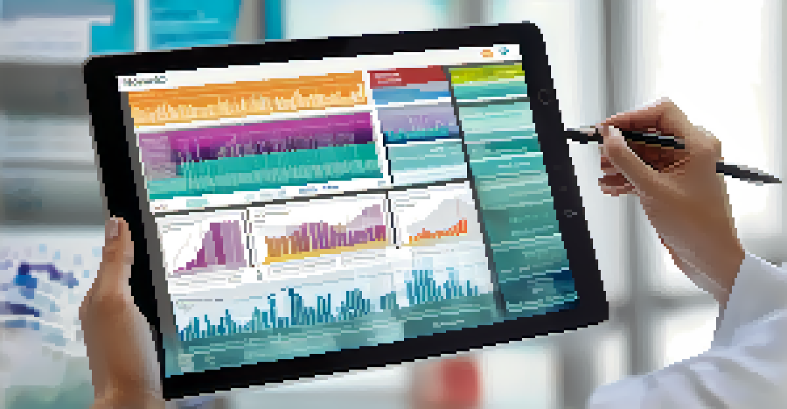 A healthcare professional reviewing a digital health record on a tablet, with graphs and charts visible on the screen.